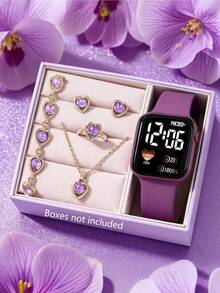6/5pcs Ladies' Elegant And Cute LED Heart-Shaped Digital Display Electronic Watch, Suitable For Ladies To Wear, Equipped With Jewelry Bracelets, Necklaces, Rings, And Earring Sets, Suitable As A Birthday/Holiday Gift For Ladies, Perfect For Daily Life Such As School, Parties, And Travel. Homecoming Season, Valentine's Day, Christmas, Perfect Gift For Ladies