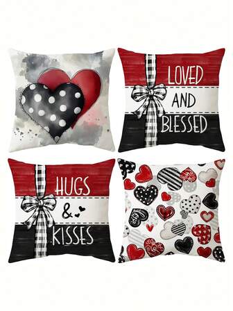 Valentine's Day Pillow Covers 17.7x17.7inch Set Of 4 Hugs And Kisses Valentines Day Decor Throw Pillows Decorative Cushion Cases For Sofa Couch Valentine Decorations
