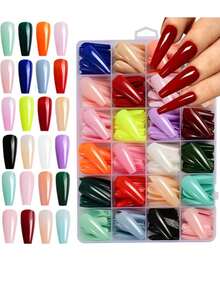 576 piezas Uñas postizas de ataúd de larga duración, uñas falsas de unicolor, uñas acrílicas brillantes de cobertura completa para pegar, 576 piezas, 24 colores, uñas artificiales reutilizables para manicura de mujeres