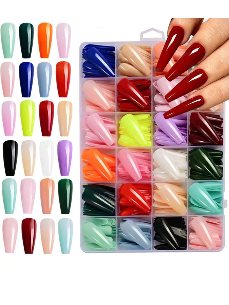 576 piezas Uñas postizas de ataúd de larga duración, uñas falsas de unicolor, uñas acrílicas brillantes de cobertura completa para pegar, 576 piezas, 24 colores, uñas artificiales reutilizables para manicura de mujeres