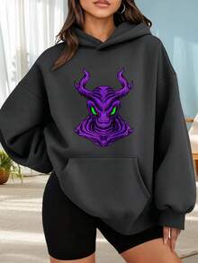 Fashionable Hooded Sweater For Women. Black Hoodie With Purple Dragon Print And Green Eyes. Fantasy Design For Women. Casual Urban Style For Everyday Wear. Perfect For Dates, Outings, And Holiday Gifts. The Best Choice For A Date. - 深灰色 - 查看 1