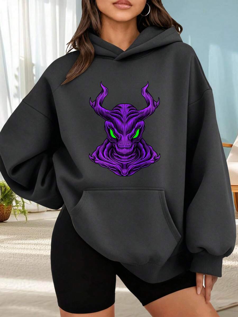 Fashionable Hooded Sweater For Women. Black Hoodie With Purple Dragon Print And Green Eyes. Fantasy Design For Women. Casual Urban Style For Everyday Wear. Perfect For Dates, Outings, And Holiday Gifts. The Best Choice For A Date. - 深灰色 - 查看 1