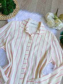 Women's Striped Button-Down Shirt, Casual, SP028 - 粉色 - 查看 5