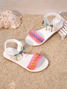 女童夏季刺绣平底凉鞋，波西米亚风，软底防滑沙滩鞋，新款时尚童鞋 - 白色 - 查看 8