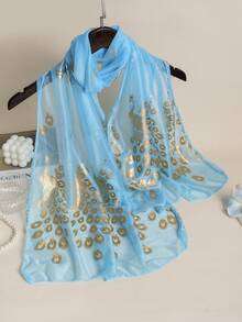 1pc Ladies Beach Accessories Solid Color Classic Breathable Peacock Pattern Gold-Stamped Scarf, Suitable For Beach Parties Christmas - Multicolor - View 21