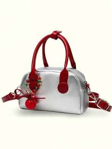 复古荔枝纹PU保龄球包，时尚手提包/单肩包，女士适用，适合工作通勤，秋冬季 - 銀色 - 查看 5