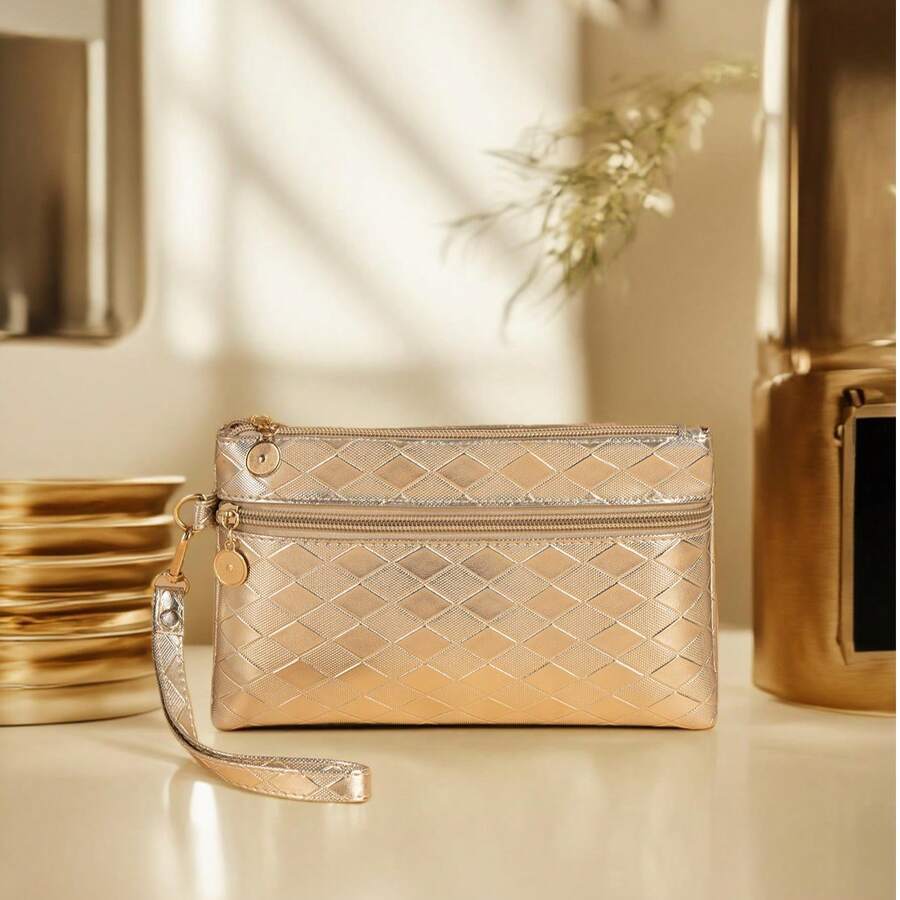 New Rhombus Clutch Wallet, Multi-Compartment Mini Long Coin Purse, Convenient Outdoor Phone Pouch, Storage Bag - Gold - View 1