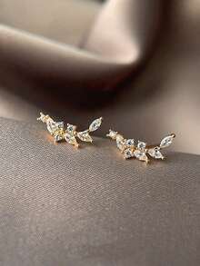 1 Pair Delicate Small Rhinestone Wheat Ear Studs, Minimalist Niche Design Earrings, Fashionable & Elegant Accessory - Gold - View 1