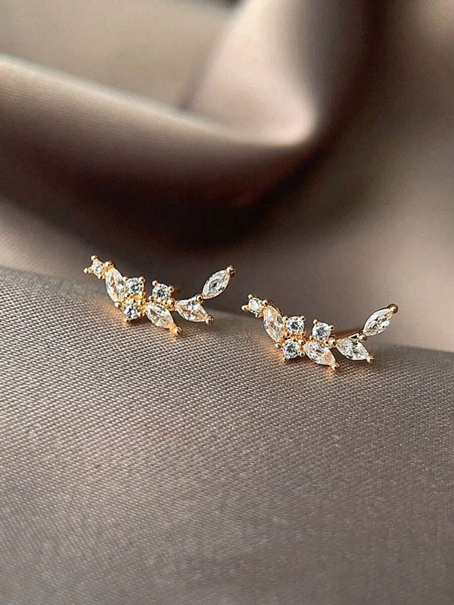 1 Pair Delicate Small Rhinestone Wheat Ear Studs, Minimalist Niche Design Earrings, Fashionable & Elegant Accessory - Gold - View 1