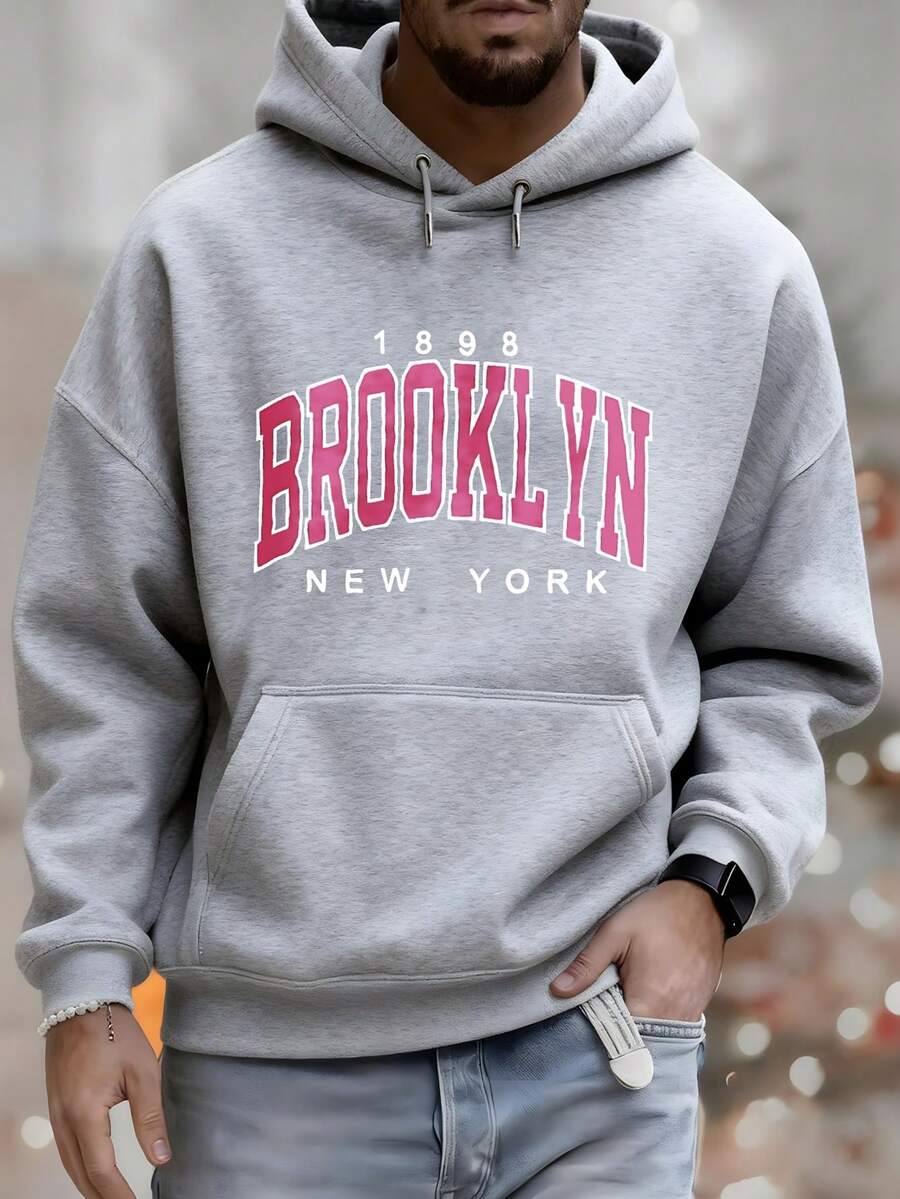 Men's Hoodie, Brooklyn New York 1898 Print Design, Casual Autumn And Winter Clothing, Versatile Top Suitable For Leisure And Sports Outfits, Fashion Gift, Best Choice For Festival Gifts - 灰色 - 查看 1
