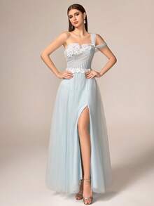 VIPGIRL 优雅奢华女士浅蓝色单肩网纱长款正式礼服，胸部褶皱设计，下摆褶裥，适合婚礼和春季穿着。 - 淺藍色 - 查看 4