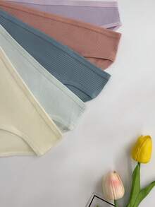 5件套女士多色罗纹中腰可爱性感比基尼内裤