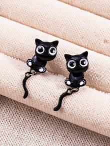 1 par de pendientes únicos con diseño de oreja y cola de gato negro de dibujos animados, ideales para universidad, fiesta, hip-hop - Negro - Ver 3