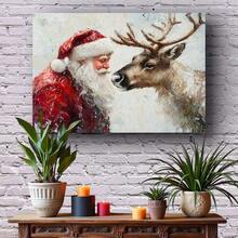 1 Pieza de lienzo vintage enmarcado de Santa Claus y renos - Decoración moderna minimalista para el hogar con marco de madera,últiples tamaños, impresión de lienzo envuelta lista para colgar, adecuada para sala de estar, decoración de pared, decoración navideña - Multicolor - Ver 3
