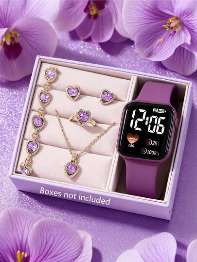 6/5 piezas Reloj electrónico elegante y lindo con pantalla digital con forma de corazón LED, adecuado para que las damas lo usen, equipado con pulseras, collares, anillos y juegos de aretes de joyería, adecuado como regalo de cumpleaños/festivo para damas, perfecto para la vida diaria como la escuela, fiestas y viajes. Temporada de regreso a casa, Día de San Valentín, Navidad, regalo perfecto para damas