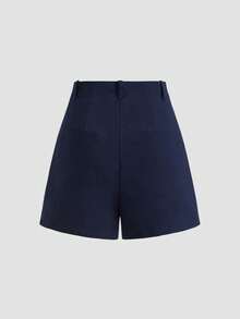 Vela Rue 极简设计短裤，钩扣和拉链闭合，轻盈舒适，纯藏蓝色，阔腿设计，显瘦时尚，适合所有季节。 - 藏蓝色 - 查看 2