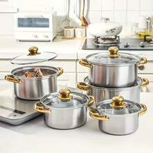 10pcs Stainless Steel Pot Set - 5 Silver Pots With Gold Handles & Glass Lids - Korean Style Stew & Ramen Cookware - Even Heating For Home Kitchen - Silver - View 2