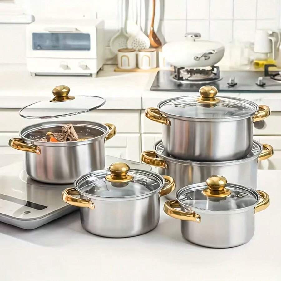 10pcs Stainless Steel Pot Set - 5 Silver Pots With Gold Handles & Glass Lids - Korean Style Stew & Ramen Cookware - Even Heating For Home Kitchen