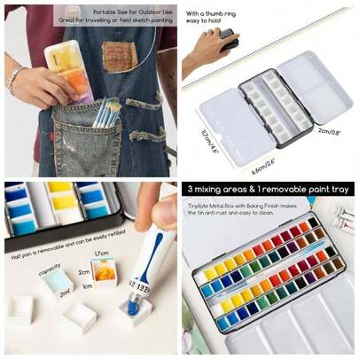 Empty Watercolor Paint Palette: Travel Color Palette Tin With 12 Half Pans - Portable Metal Palette Tin Box Colorful