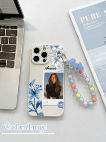 1pc Customizable White TPU Phone Case With Floral Print Background, And 1pc Blue Flower Beaded Bracelet, Customized Phone Case, Anniversary Gift, Valentine's Day Gift, Birthday Gift, Wedding Gift - Multicolor - View 4