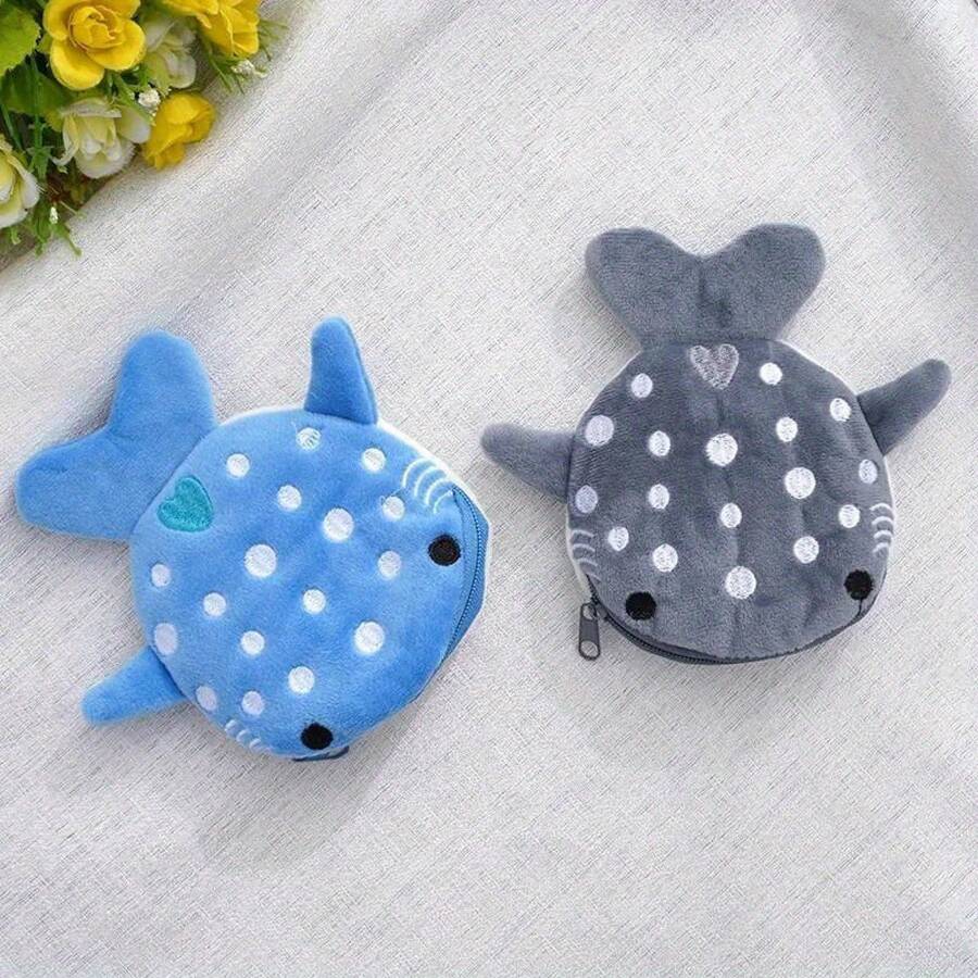 Cartoon Big Mouth Shark Plush Storage Bag Cute Mini Women's Lipstick Data Cable Sanitary Napkin Makeup Bag Coin Purse - 黑色 - 查看 1