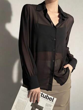 Blusa de manga larga con cuello de mujer ELVA, de unicolor y transparente, de ajuste regular, sin estiramiento, elegante y semi-transparente, con cuello, bajo regular, tela ligera y manga estándar, adecuada para mujer, uso casual en otoño, invierno, interior, adecuada para el Día de San Valentín, Año Nuevo, Festival de Primavera, citas, oficina, negocios