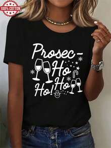 1PC 100% Cotton Prosecco Ho Ho Ho Christmas Snowflakes Graphic Print Women's Short Sleeve TShirt - Negro - Ver 1