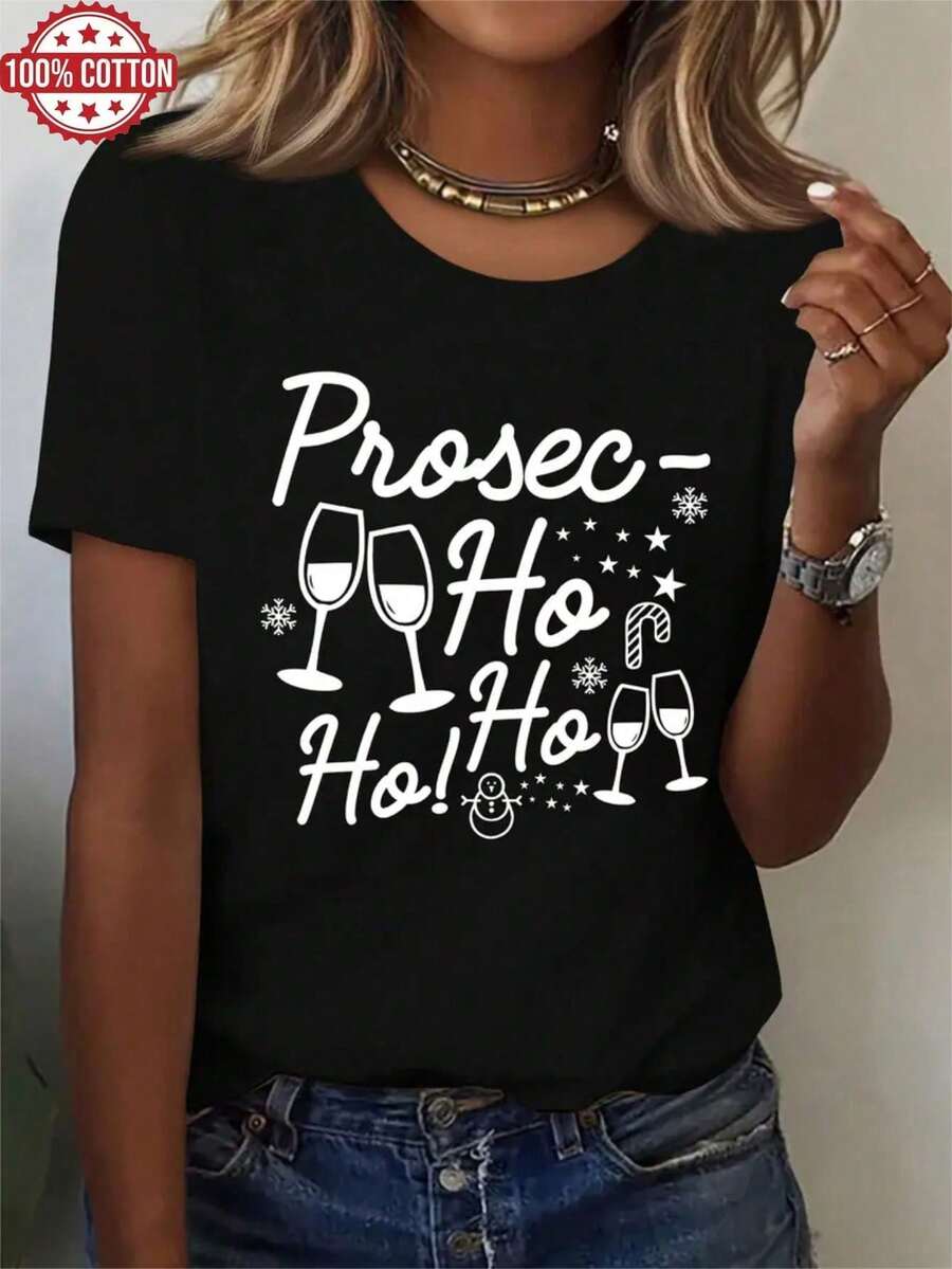 1PC 100% Cotton Prosecco Ho Ho Ho Christmas Snowflakes Graphic Print Women's Short Sleeve TShirt - Negro - Ver 1