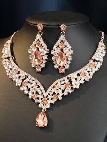 Juego de 1/3/4 piezas de corona nupcial, collar y pendientes de moda, tocado de aleación de zinc con pedrería, juego de joyas de boda - Elegante juego de accesorios de boda - Multicolor - Ver 36