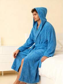 1pc Men Hooded Fleece Plush Bathrobe, Ultra-Soft, Fluffy, Non-Shedding, With Handy Pockets, Perfect As A House Coat Summer Wedding Home Bathroom Decor Back To School - Multicolor - View 3