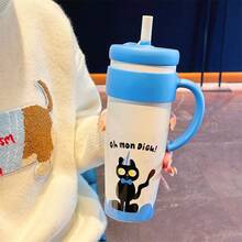 Ice Tyrant High Aesthetic Tumbler, Large Capacity, Straw Cup With Handle, 316 Stainless Steel, Double-Sided Office Drinking Cup - 354 Blue, White and Black Cat - View 6