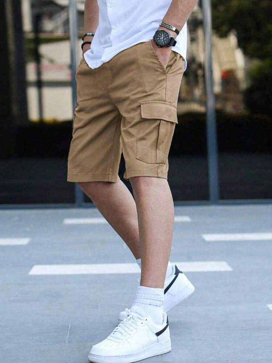 1件大童男孩運動寬鬆多口袋休閒短褲,膝蓋長度工裝短褲,戶外工裝短褲,春/夏返校季 - 卡其色 - 查看 1
