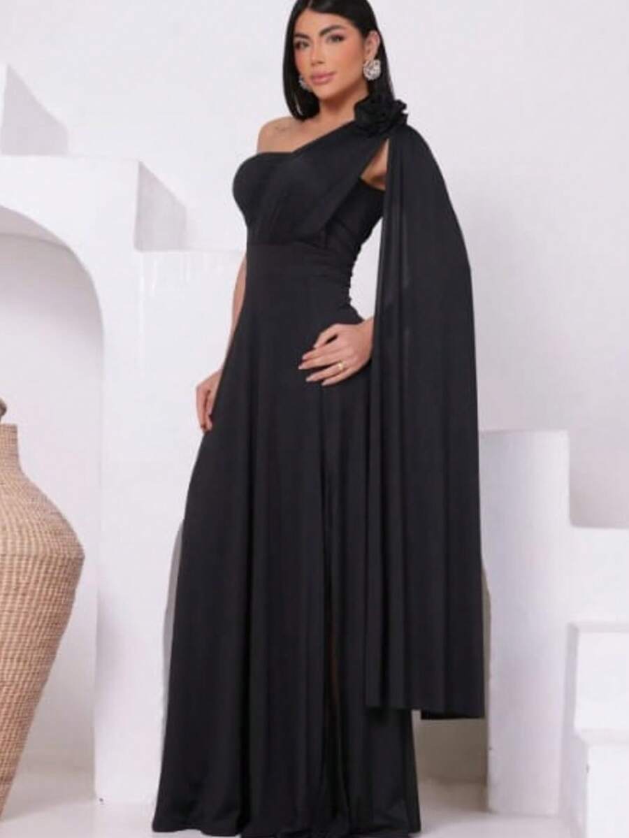 Women's Long Party Dress, One Shoulder, Draped With Slit – Elegant Fluit Fabric For Bridesmaids, Weddings, And Graduations – One Size Fits All. Elegant Asymmetrical Party Dress For Weddings. - 黑色 - 查看 1