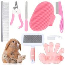 8pcs Rabbit Grooming Kit, Includes Rabbit Brush, Pet Grooming Deshedding Tool, Bathing Massage Glove, Nail Clippers, Flea Comb, Double-Sided Brush, Suitable For Rabbits, Guinea Pigs, Hamsters