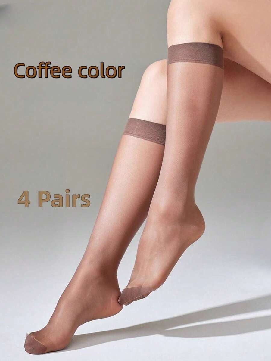 4 Pairs Brown Semi-Sheer Women Mid-Calf Socks, Fashion Versatile For Daily Wear, Cozy - Coffee Brown - View 1