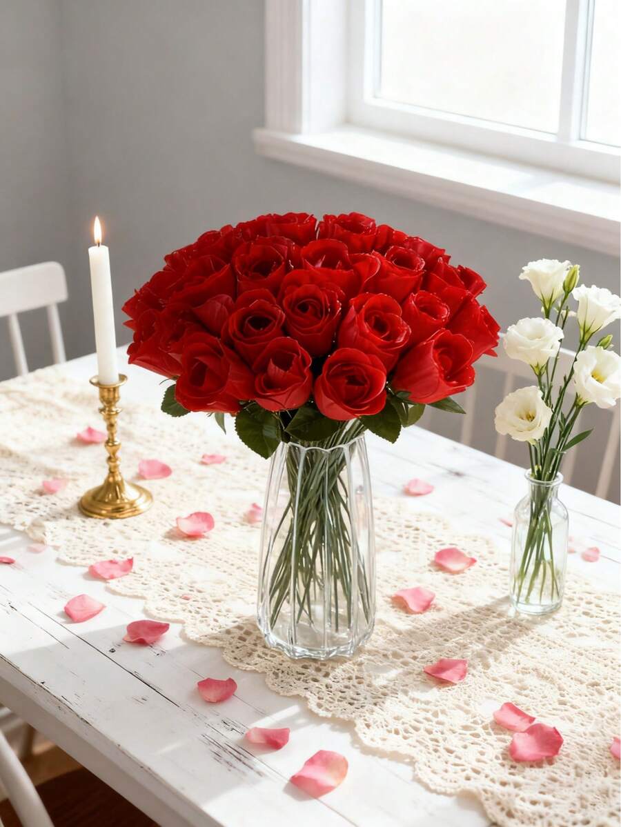 10/400pcs 14.18 Inch Artificial Red Rose Bouquet, Valentine's Day Mother's Day Gift, Artificial Plant Decor, Wedding Vase, Home, Restaurant, Bedroom Decor, Luxury Artificial Rose Bouquet For Holiday Birthday Party, Outdoor Garden Decor - Red - View 1