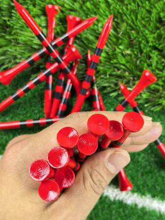 50 pezzi/set Supporti per palline da golf in bambù, supporti professionali per palline da golf in bambù naturale, durevoli e robusti, edizione limitata a righe, dimensioni: 8,3 cm (3,27 pollici), bianco/rosso. Regali da golf. Adatto come regalo di supporto per palline da golf per gli amici.
