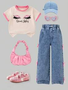 Toddler Girls' Contrast Cuff Short Sleeve Top And Bow Denim Pants - Apricot - View 2