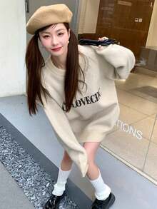 Autumn/Winter New Casual Loose Letter Knit Sweater Pullover Top - Apricot - View 4