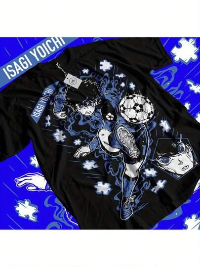 Camiseta gráfica de anime Blue Lock - Diseño de camiseta de fútbol Yoichi Isagi con Meguru Bachira, Kungami, Rin Itoshi y Nabi - Negra con impresión azul/blanca - Camiseta casual unisex para adultos para fanáticos del anime, camiseta de anime, mercancía para fans, estilo bohemio, calidad de impresión vibrante