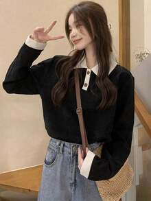 Polo Collar Long Sleeve T-Shirt For Women, Versatile Color Block Casual Top