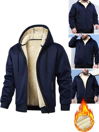 加大码男士连帽卫衣，加厚保暖内衬，休闲户外徒步旅行运动外套，冬季款