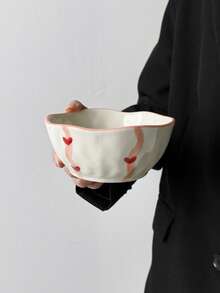 1pc/2pcs Ins Style Ribbon & Heart Ceramic Bowl, Household Rice Bowl, Breakfast Yogurt Oatmeal Bowl, Fruit Salad Bowl, Afternoon Tea Dessert Ice Cream Bowl, Festive Party Tableware