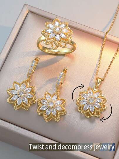 一套18K镀金不锈钢链搭配太阳铜吊坠的女士向日葵旋转项链和耳环首饰套装；镶嵌奢华锆石，采用个性化设计，低过敏性，不易褪色，适合日常通勤、派对、婚礼、订婚、情人节约会，是送给妈妈或女朋友的珠宝礼物。