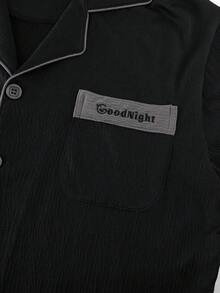 男士两件套睡衣，长袖V领上衣带口袋，纯色舒适长裤，休闲睡衣套装 - 黑色 - 查看 7