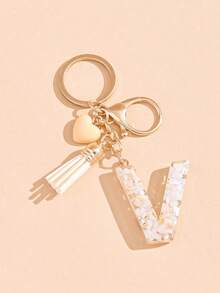 26 Choices Red Epoxy First Initial Letter Keychain, Cute Heart Tassel Keychain, Fashion Bag Accessory Wallet Charm Pendant, Party Favors, Suitable As Gifts For Friends - Beige - View 36