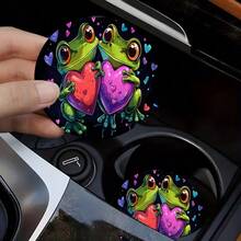 2 piezas Posavasos con diseño de rana en forma de corazón, posavasos decorativos redondos de 2.75 pulgadas para portavasos de coche, posavasos para bebidas para el hogar y el automóvil, accesorios interiores de coche unisex para bebidas - Unitalla - Ver 4
