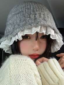 1pc Winter Warm Lace Lace Black Knitted Bucket Hat Autumn Winter Korean Knitted Hat Big Head Waist Plush Hat Cute Wind Lace Lace Warm Knitted Hat Outdoor Travel Thickened Warm Windproof And Cold Proof Warm Knitted Hat Cold Weather Outfit Women - Multicolor - View 11