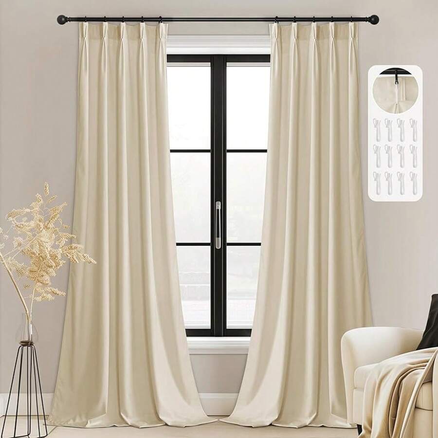 Olive Green Pinch Pleated Curtains 96 Inches Long, Thermal Insulated Window Drapes With Hooks, Soft Track System Panels Living Room, W38 X L96, 2 Panels, Home Decor - 淺褐色的 - 查看 1