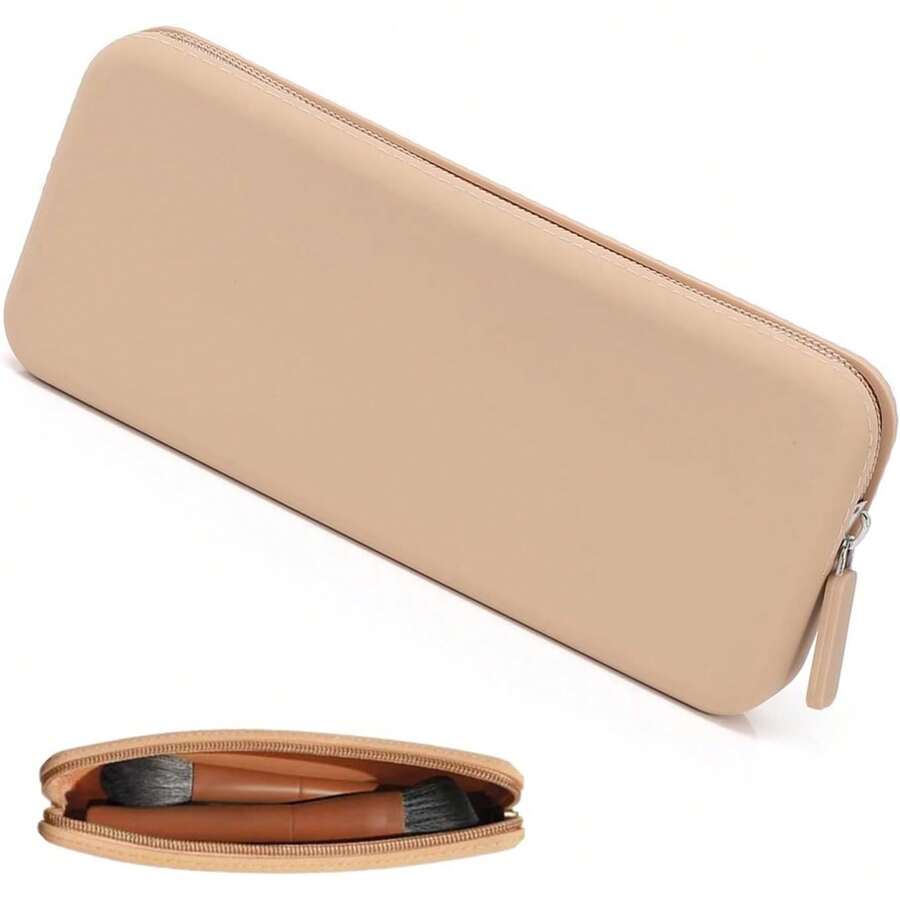 Bolsa de maquillaje de silicona, soporte para brochas de maquillaje con cierre para organizar cosméticos, brochas de maquillaje, herramientas y lápices, Viajes (Caqui) - Caqui - Ver 1